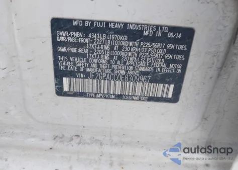 2014 Subaru Xv Crosstrek 2.0I Premium z USA, uszkodzony, nr VIN JF2GPACC0E8309967